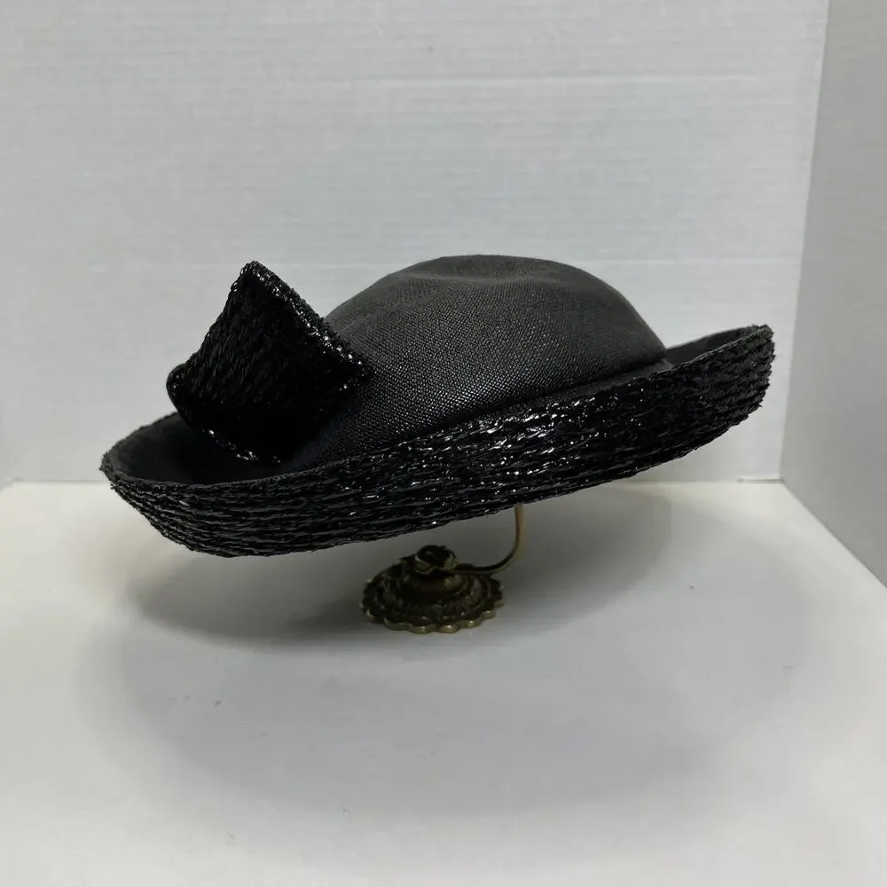 Vtg Hattie Carnegie I Magnin Co., Black Cloche Hat 1950s Woven Ratten Bow Hat